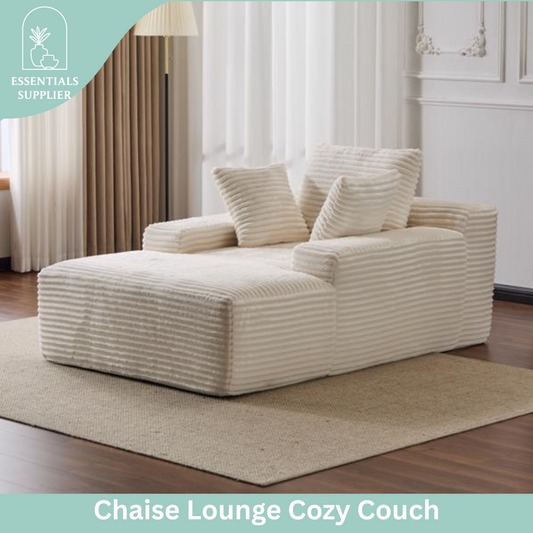 Oversized Chaise Lounge Chair – Plush Corduroy Cloud Couch with 3 Pillows, White