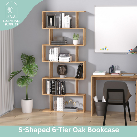 S-Shaped 6-Tier Oak Bookcase | Modern Display & Storage Shelf Cabinet