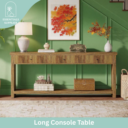 71" Oak Long Console Table – Fluted Drawers & Open Shelf Storage by Tribesigns