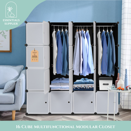 16-Cube Modular Closet Organizer with Hanging Rods, White Doors & Black Panels