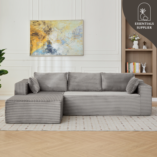 Modular L-Shaped Corduroy Sectional Sofa with Chaise – Grey
