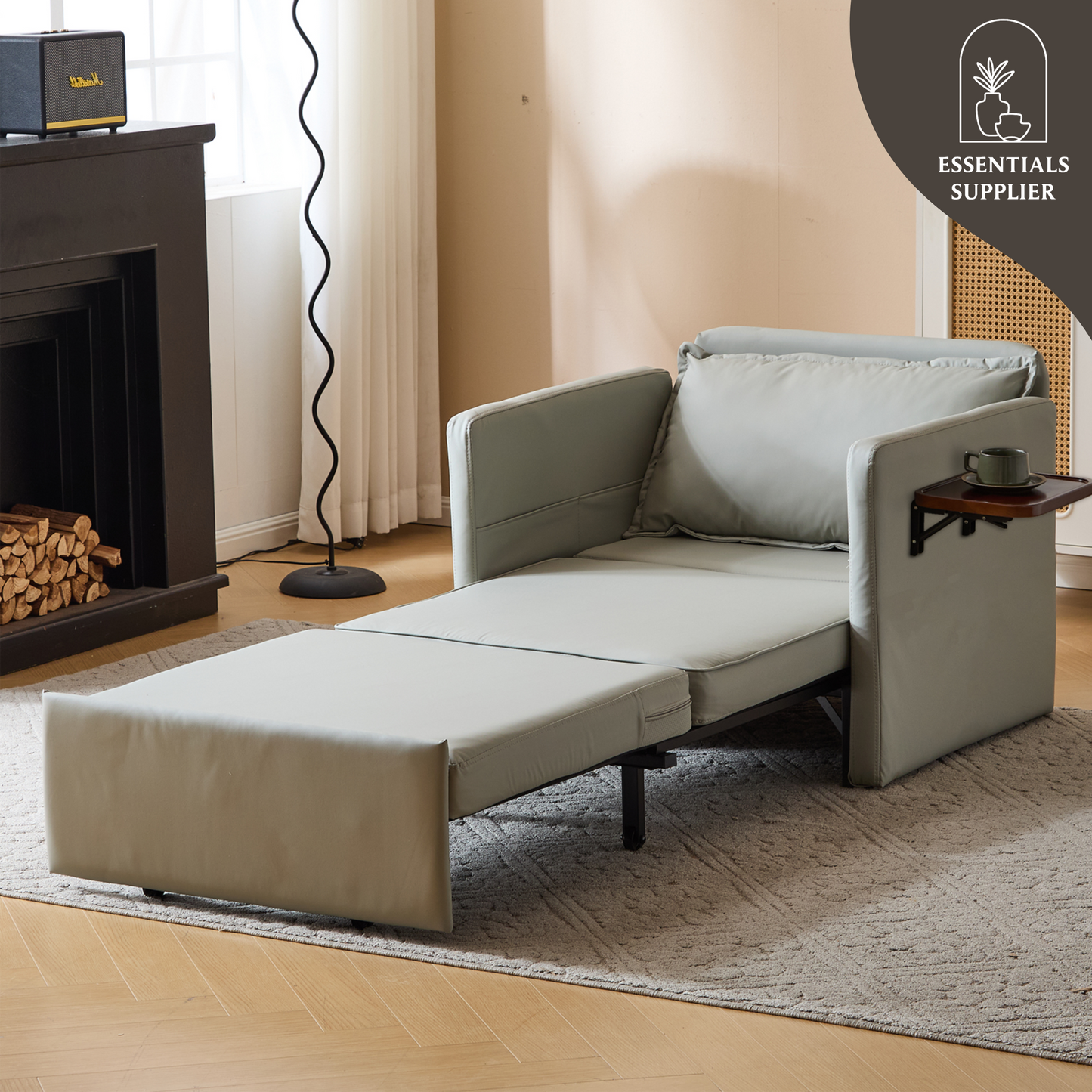 3-in-1 Sleeper Chair Bed with USB Tray, Light Grey Leather Convertible Sofa