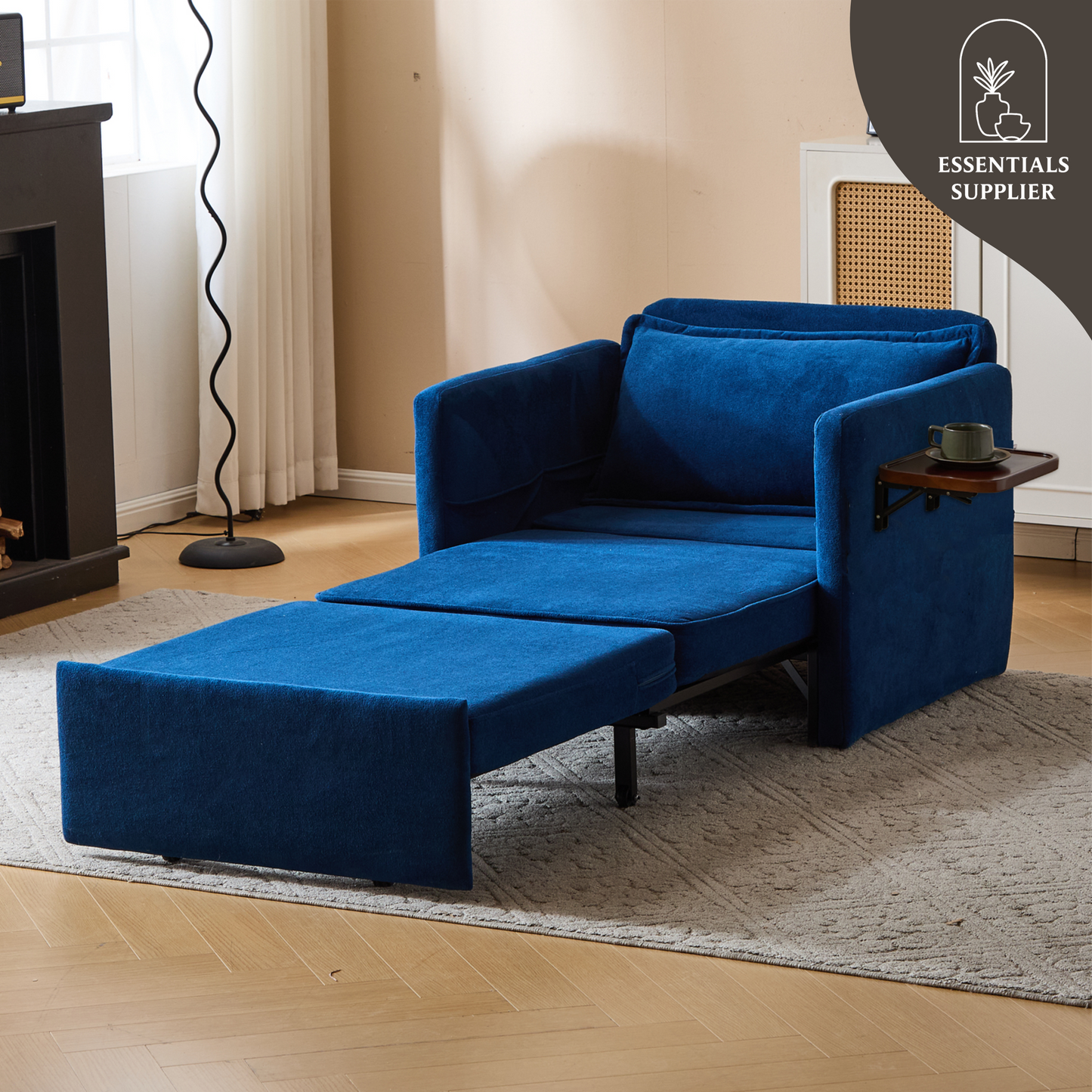 3-in-1 Sleeper Chair Bed with USB Tray, Blue Fabric Convertible Sofa