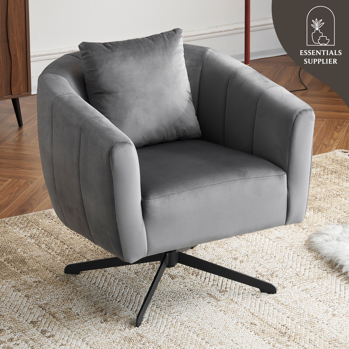 360° Swivel Velvet Accent Chair with Fluffy Cushion – Gray