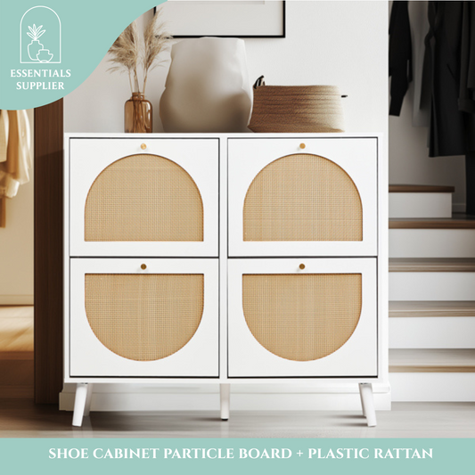 2-Row 4-Bucket Rattan Shoe Cabinet, White & Wood Finish w/ Gold High Legs