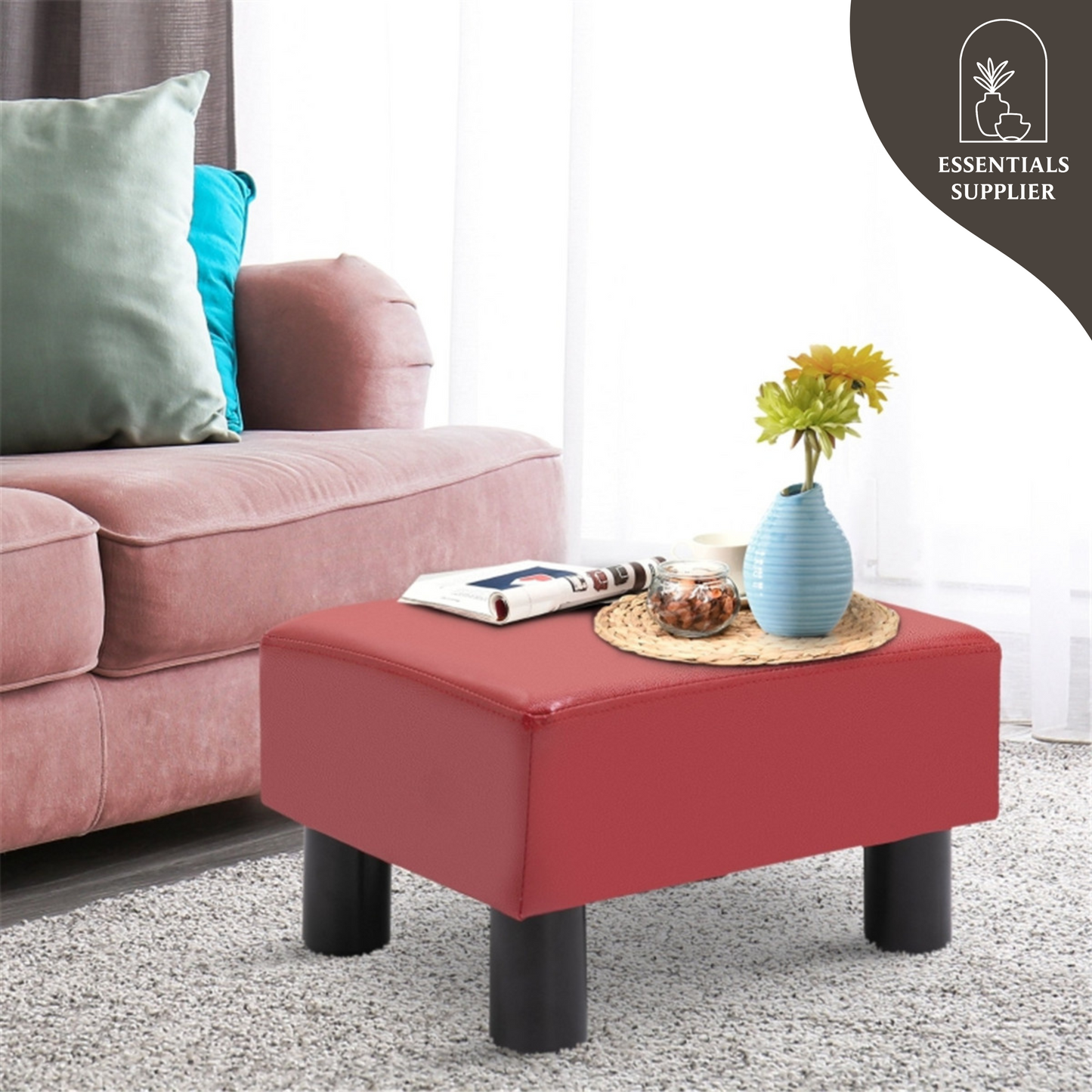Red Faux Leather Foot Rest Ottoman – Chic, Lightweight & Durable