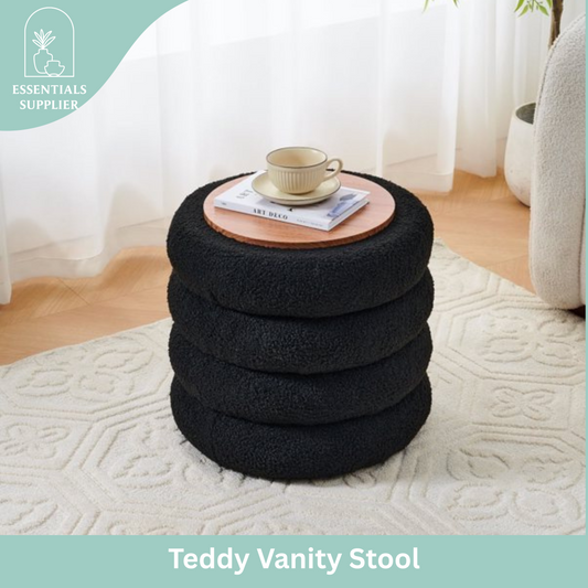 Round Shape Storage Ottoman Stool with Flip Tray, Vanity & Footrest Chair, Black