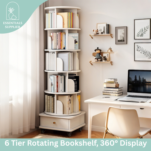 6-Tier 360° Rotating Bookshelf with Wheels & Drawer, Space-Saving Warm White