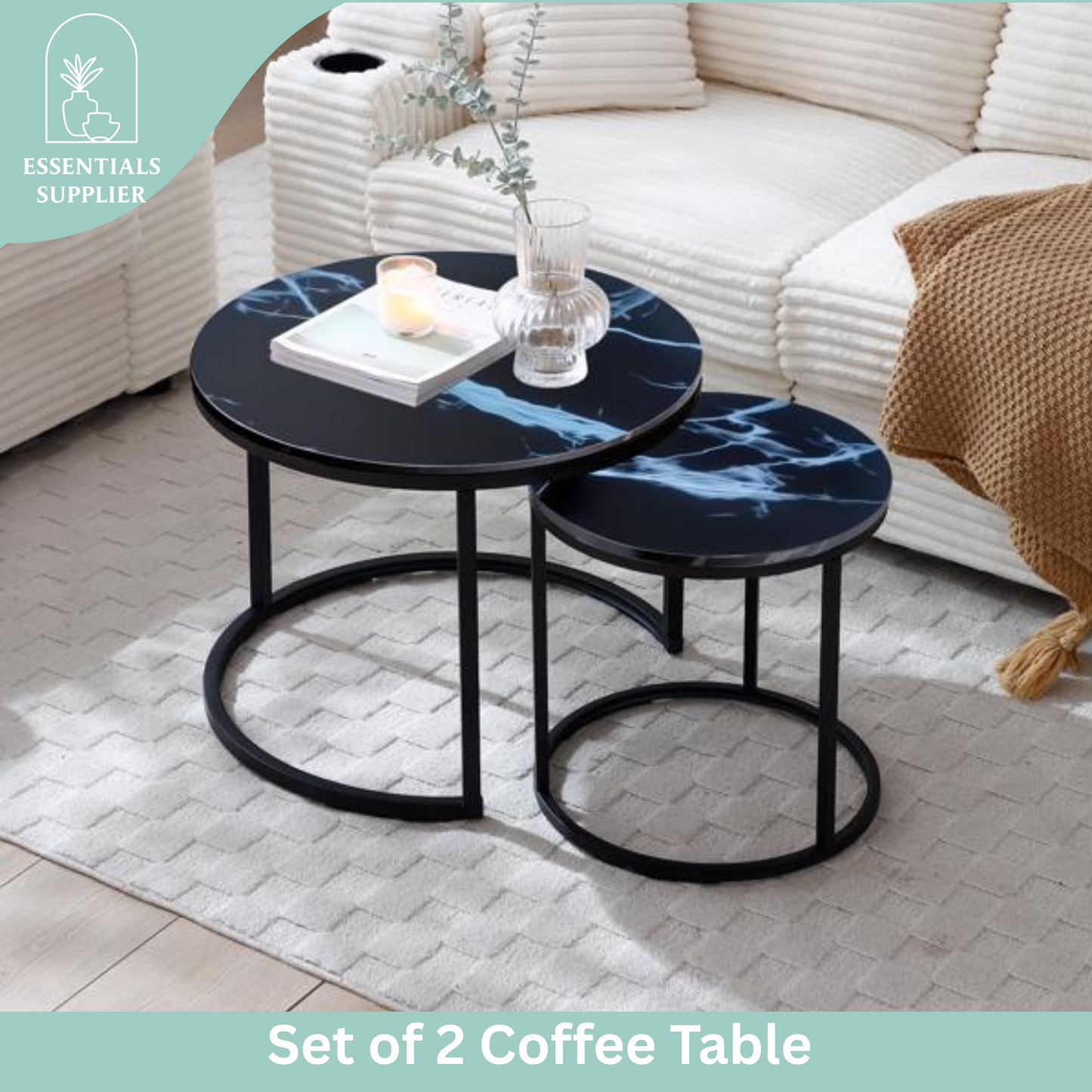 Set of 2 Nesting Coffee Tables – Round Black Frame with Marble Pattern Tops