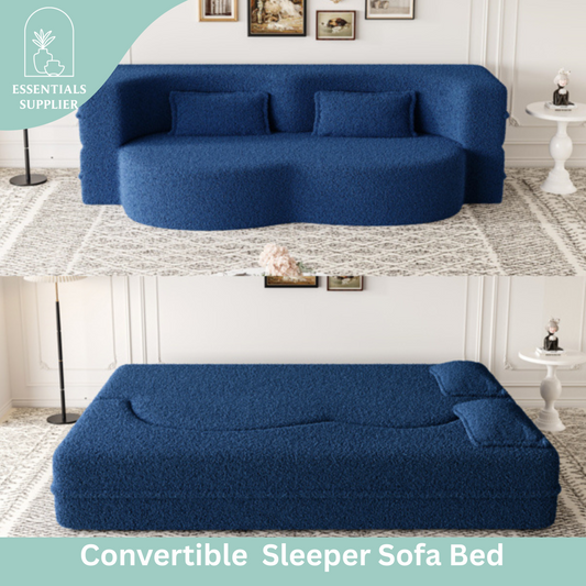 Blue Teddy Fabric Convertible Floor Sofa Bed with 2 Pillows, Full Size 78"