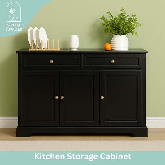 Black Kitchen Storage Cabinet – 3-Door Sideboard with Drawers & Shelves