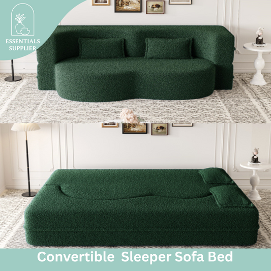 Green Teddy Fabric Convertible Floor Sofa Bed with 2 Pillows, Full Size 78"