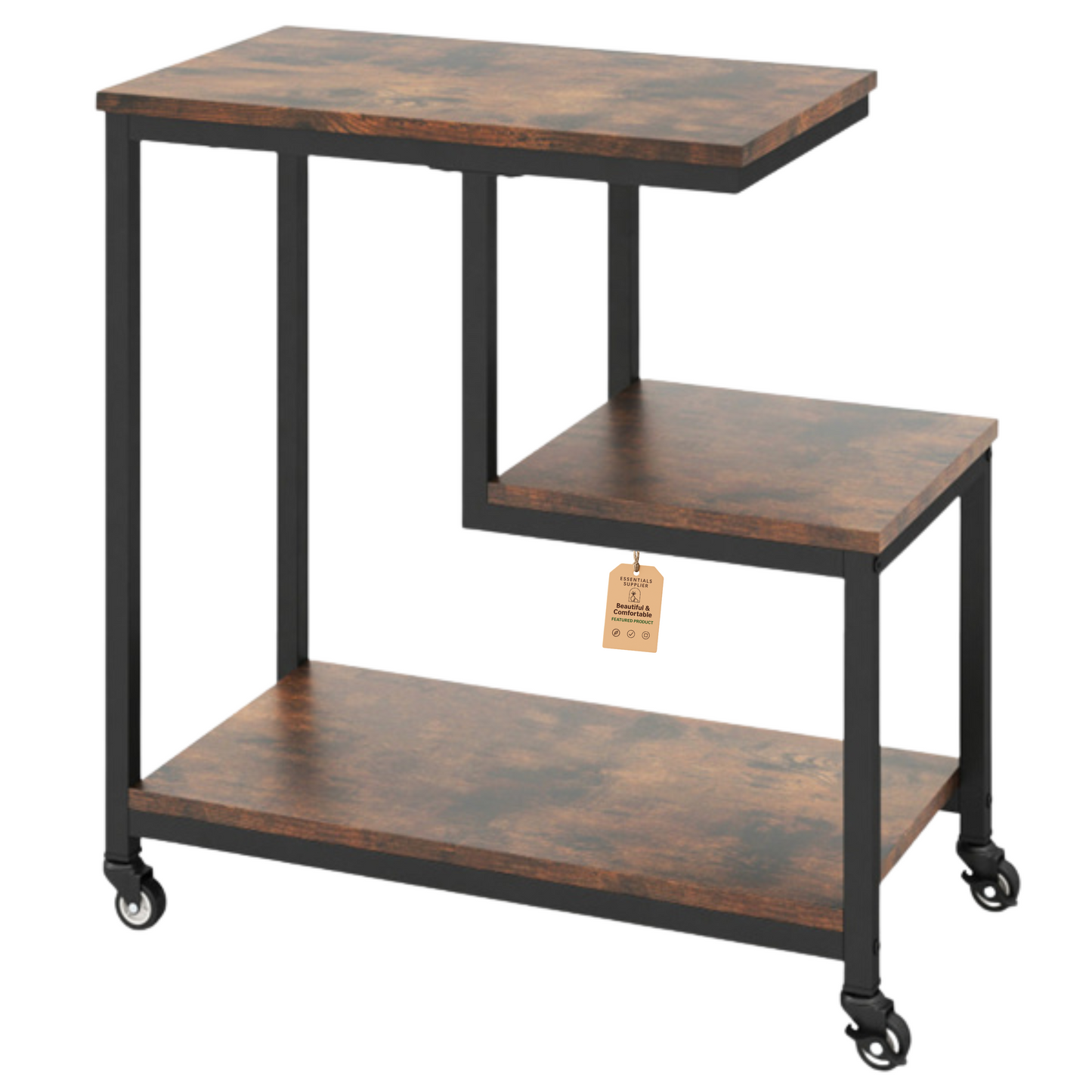 G-Shaped 3-Tier Brown End Table with Wheels – Mobile Storage Side Table
