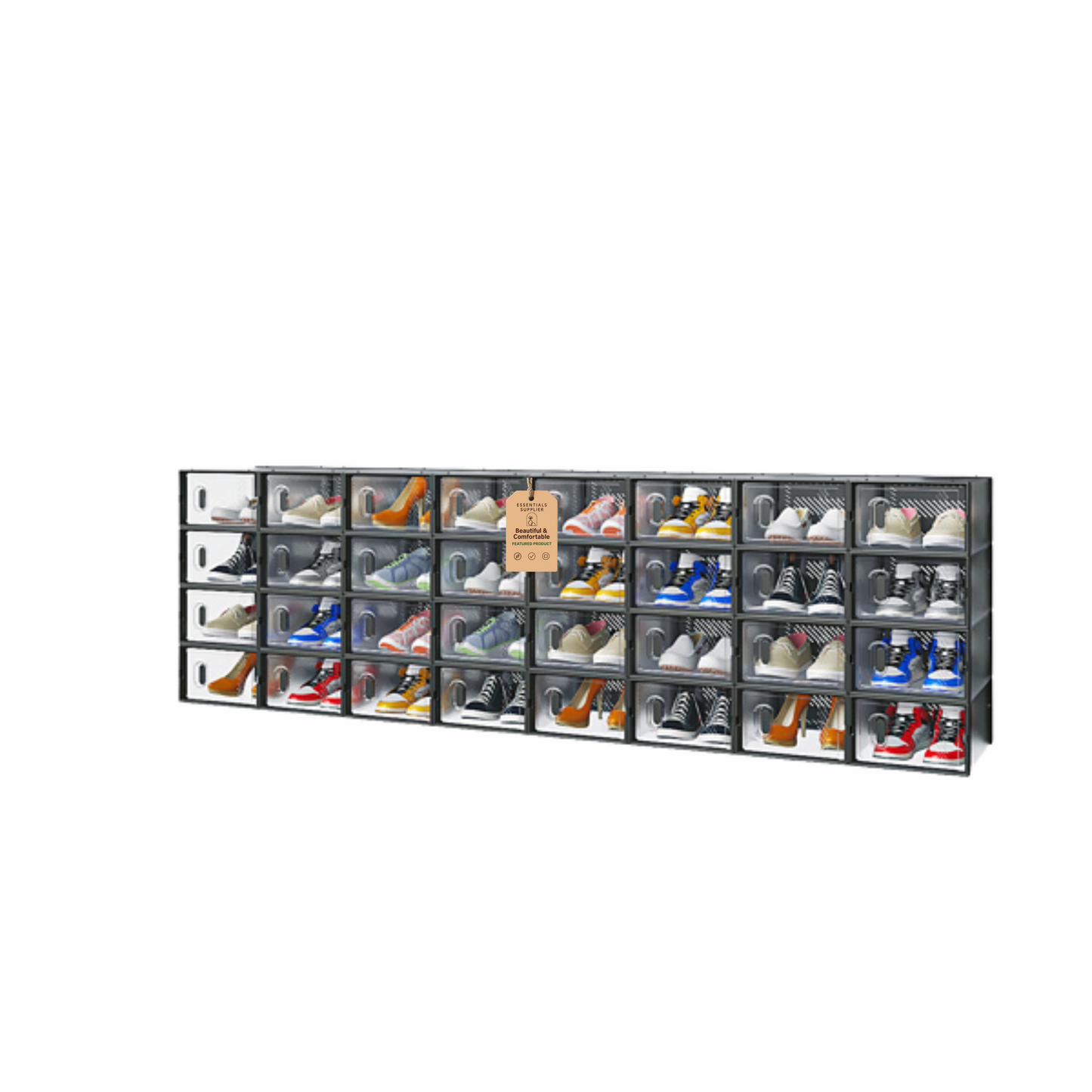 32PCS Black Plastic Mesh Shoe Boxes, Small Size, 33×23×14cm, Stackable