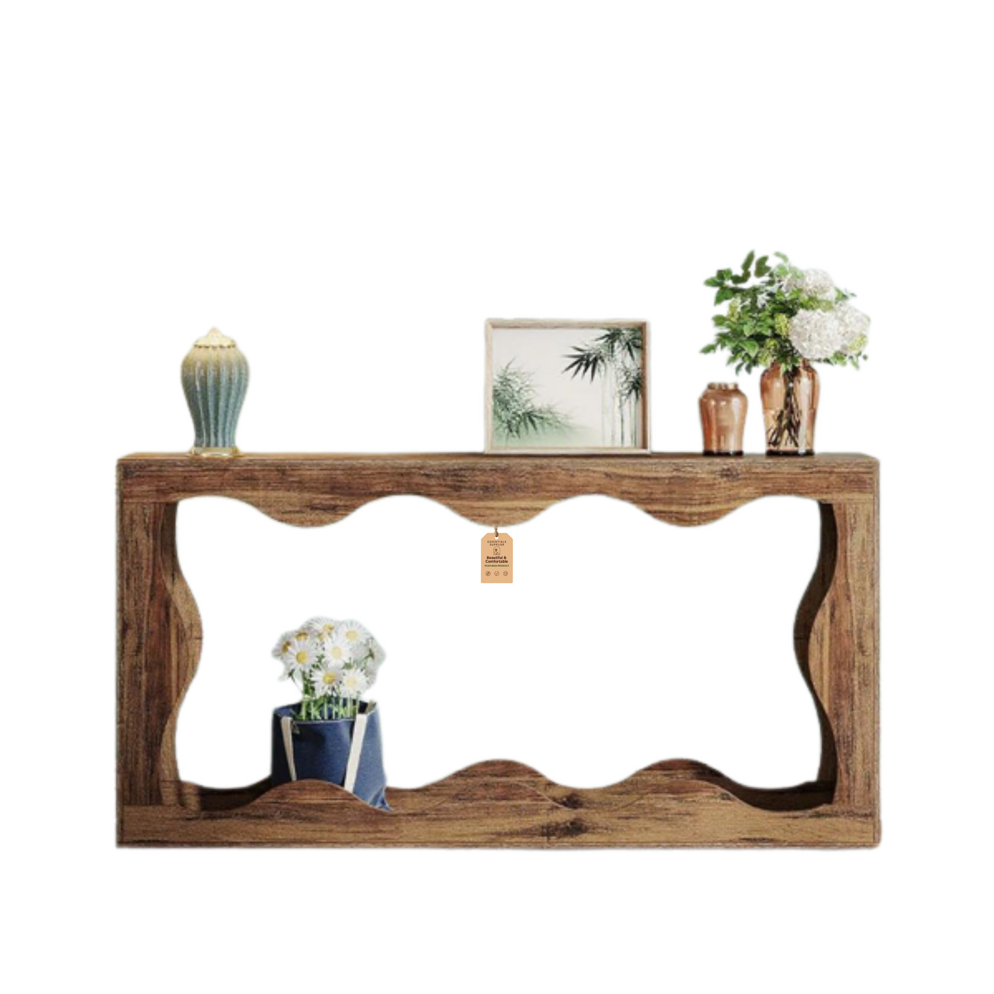 63" Farmhouse Wavy Scalloped Console Table – 2-Tier Entryway & Sofa Table