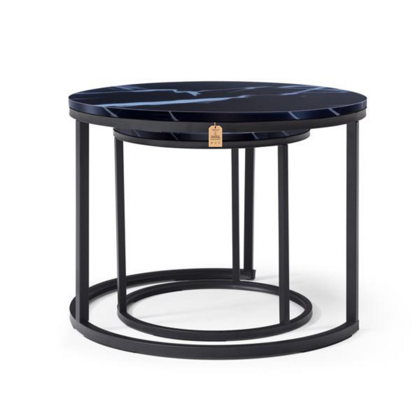 Set of 2 Nesting Coffee Tables – Round Black Frame with Marble Pattern Tops