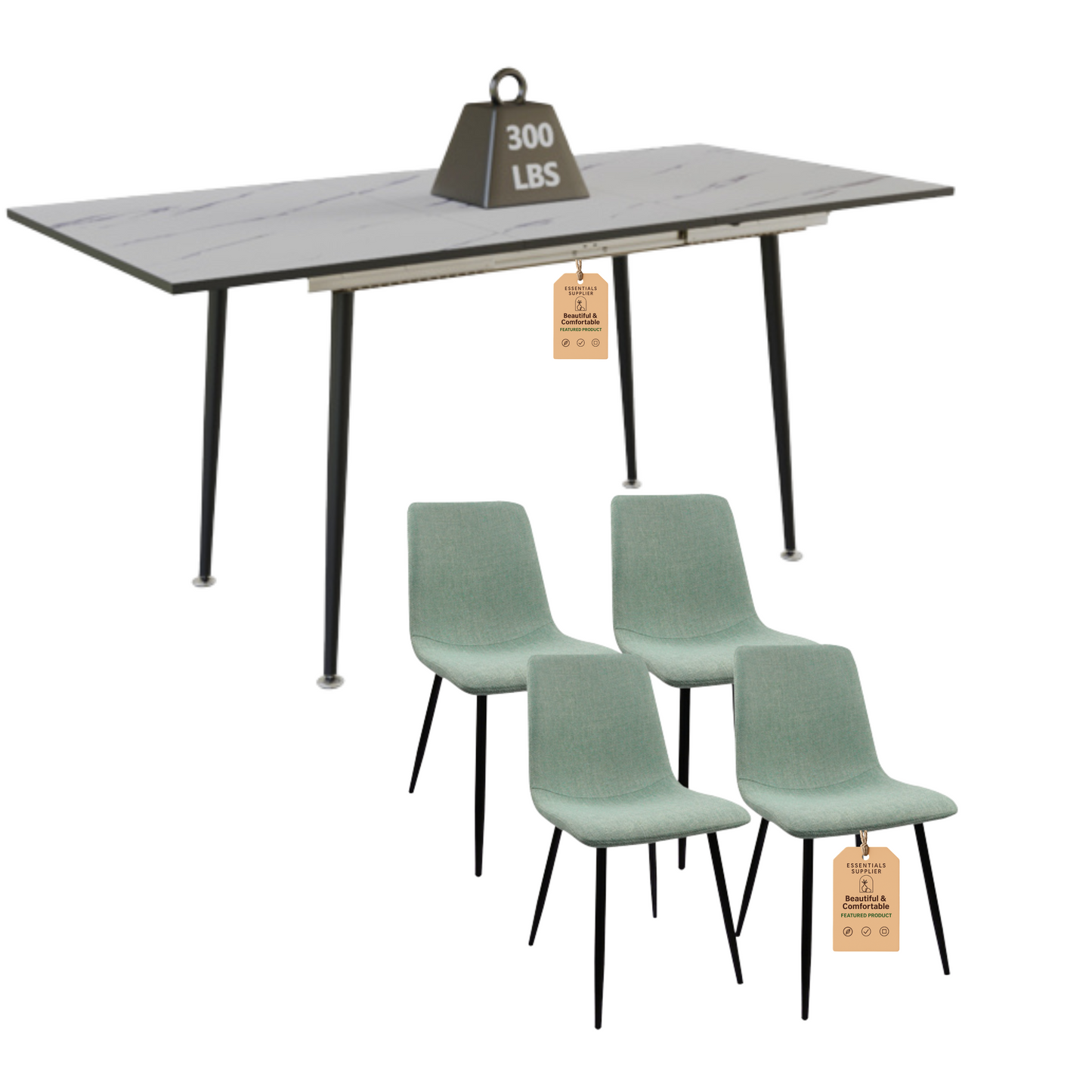 Extendable White Dining Table Set with 4 Green Chairs – Seats 2–6