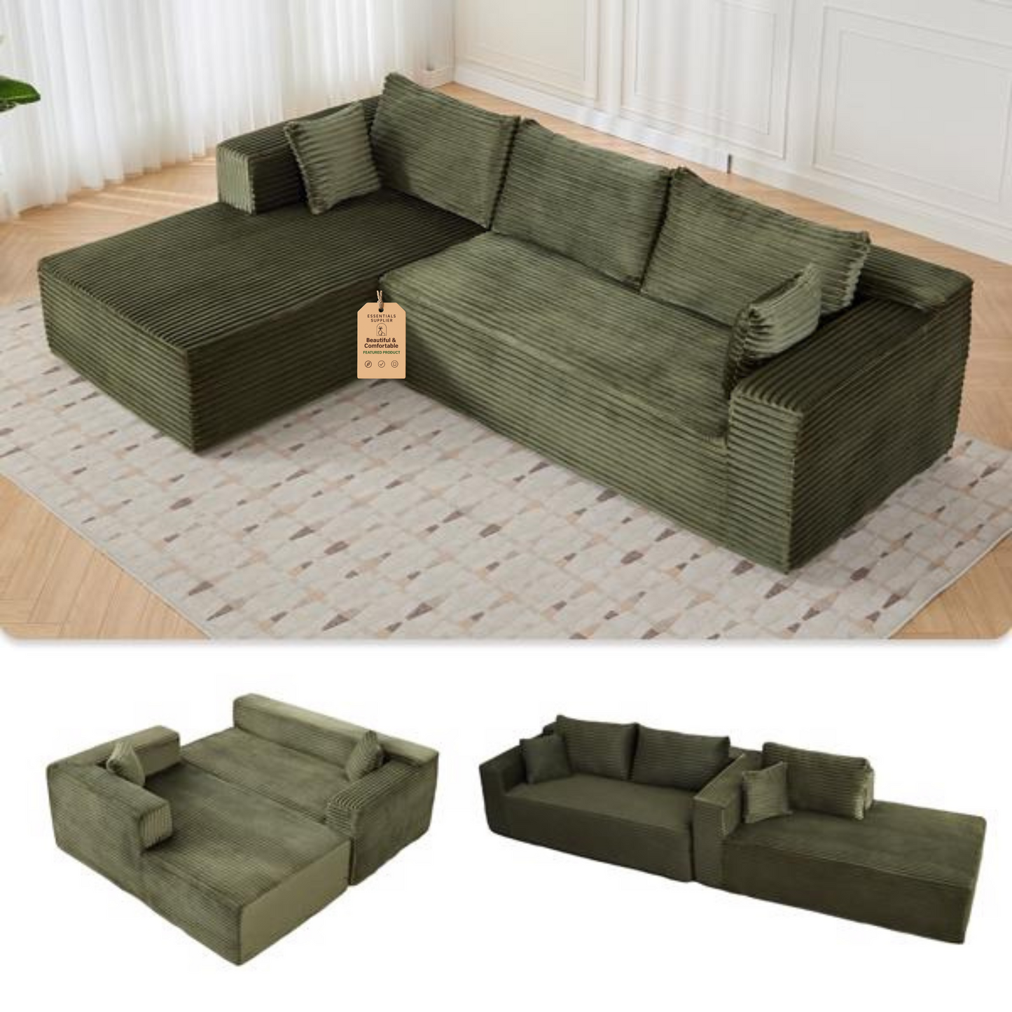 Modular L-Shaped Corduroy Sectional Sofa with Chaise – Green