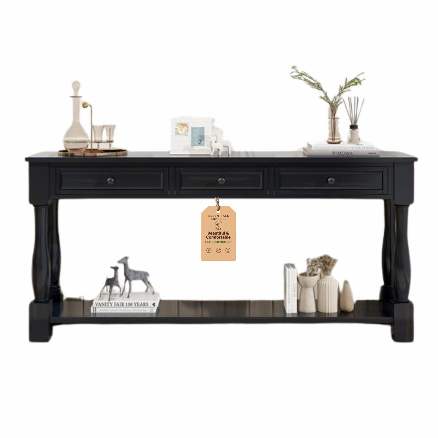 63" Black Console Table with Drawers & Shelf for Entryway, Hallway, Living Room