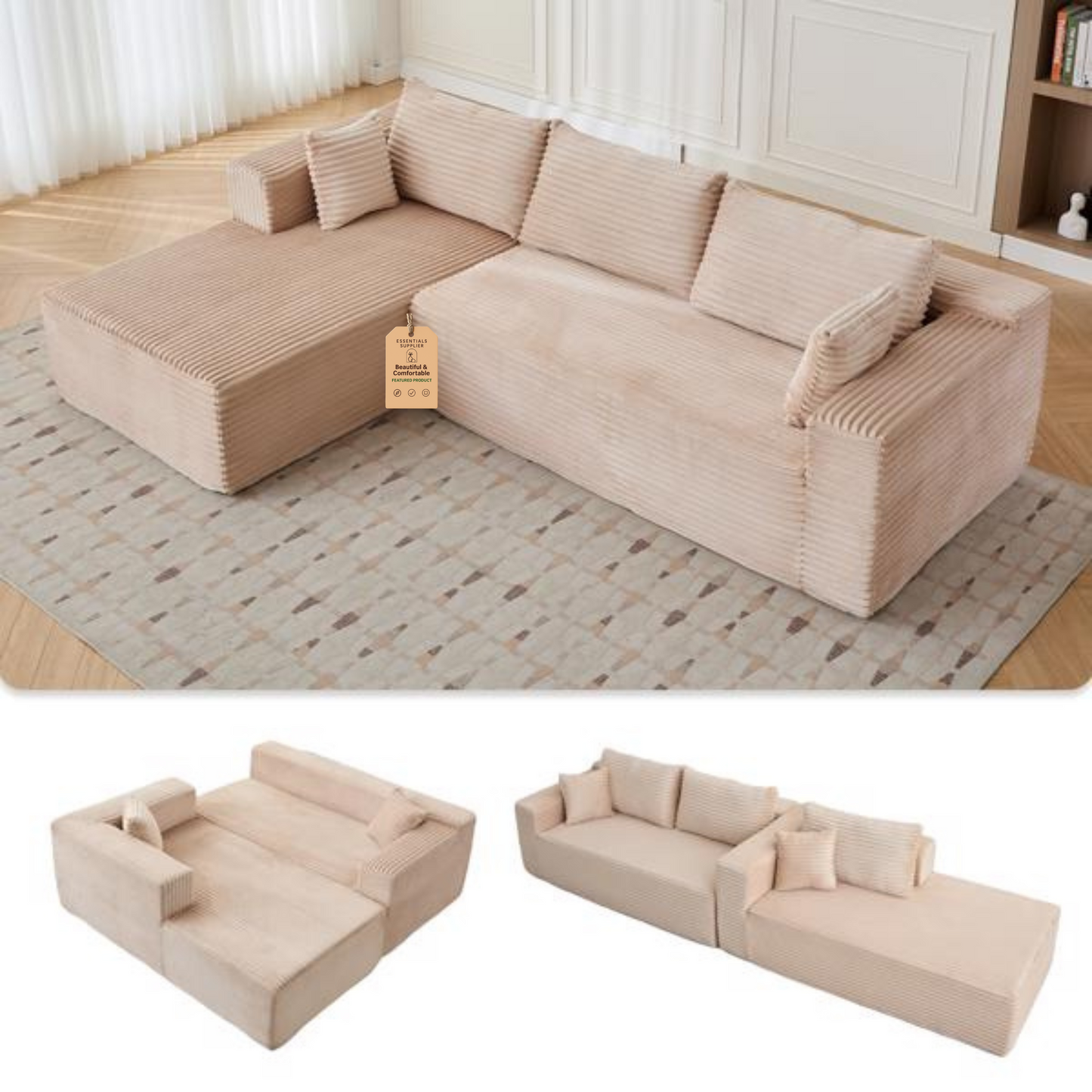 Modular L-Shaped Corduroy Sectional Sofa with Chaise – Beige