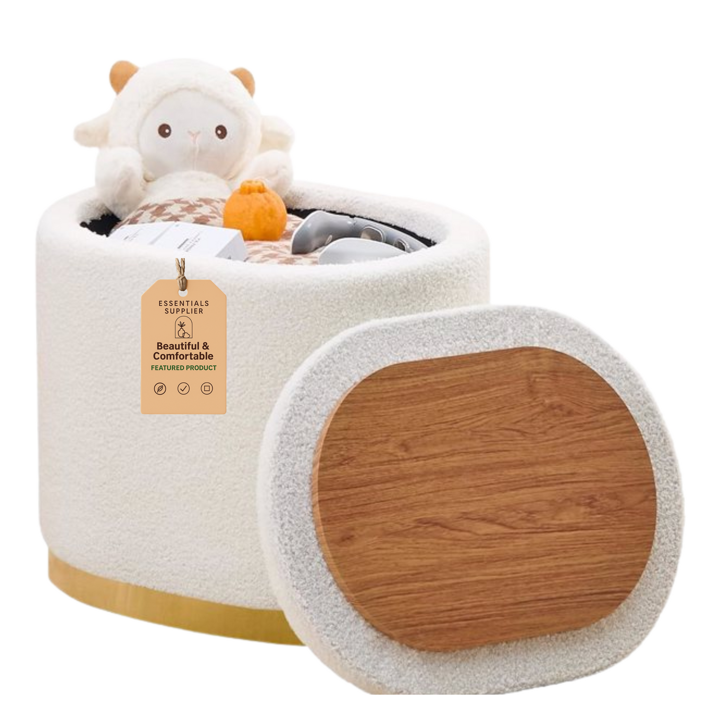 Round Storage Ottoman with Flip-Top Lid – White Upholstered Stool