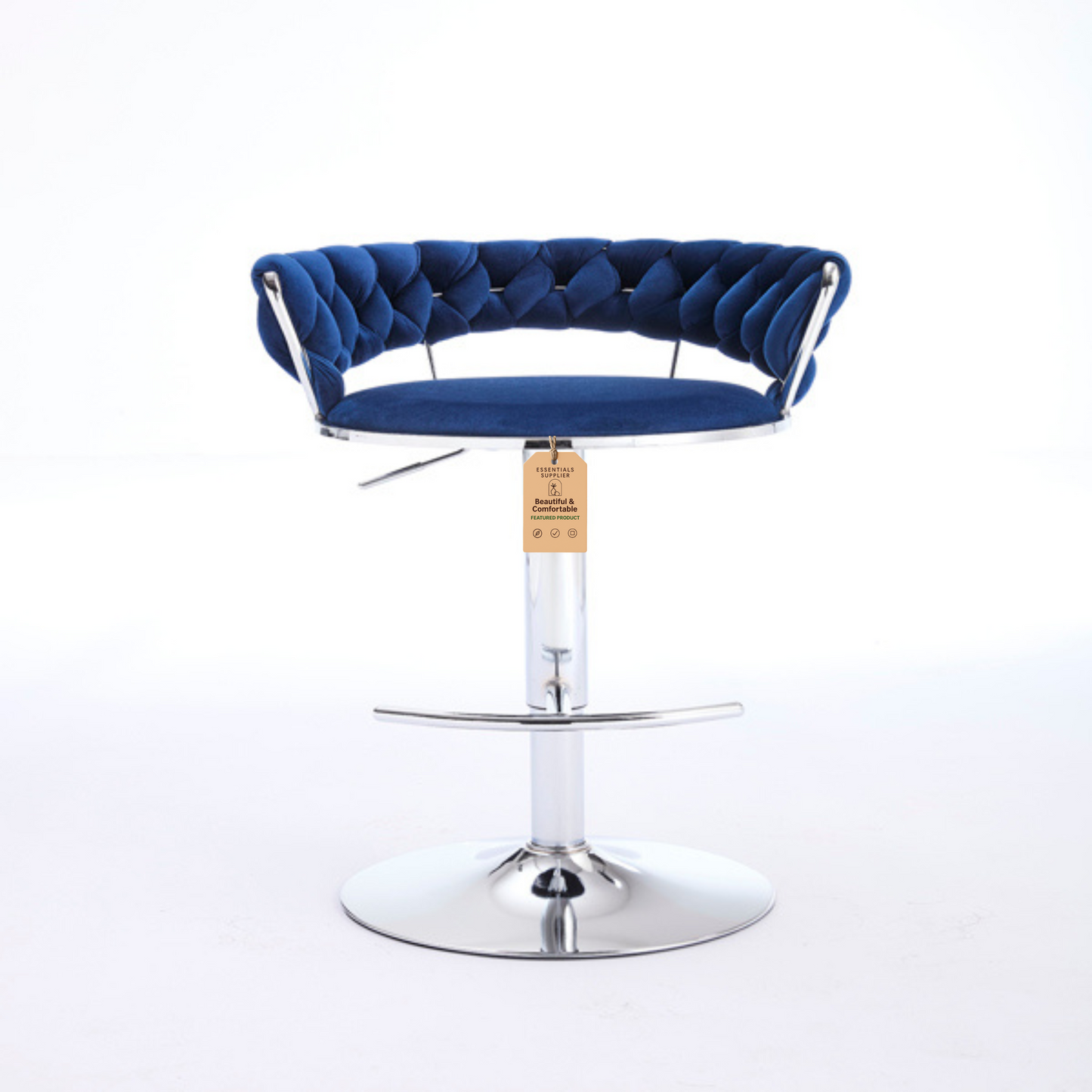 Set of 2 Blue Velvet Bar Stools with Chrome Base & Swivel Adjustable Height