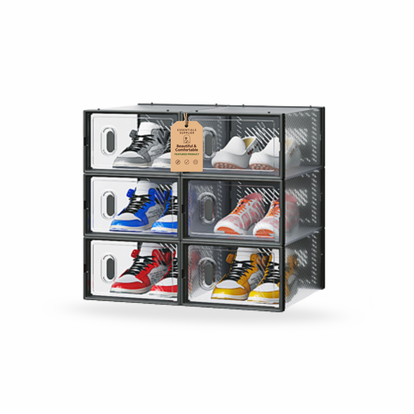 6-Pack Black Plastic Mesh Shoe Boxes – 33x23x14cm Modular Storage Set