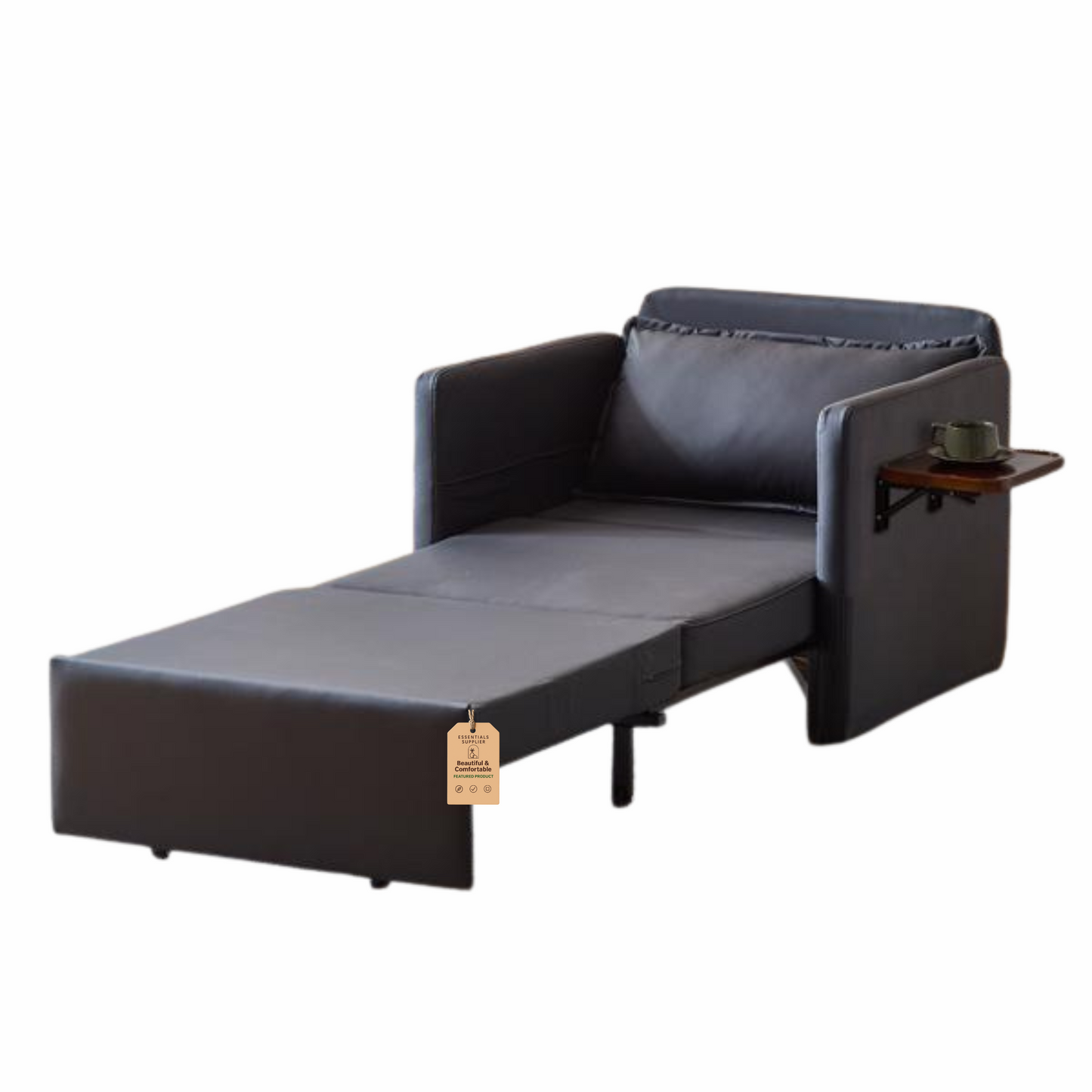 3-in-1 Sleeper Chair Bed with USB Tray, Black Leather Convertible Sofa