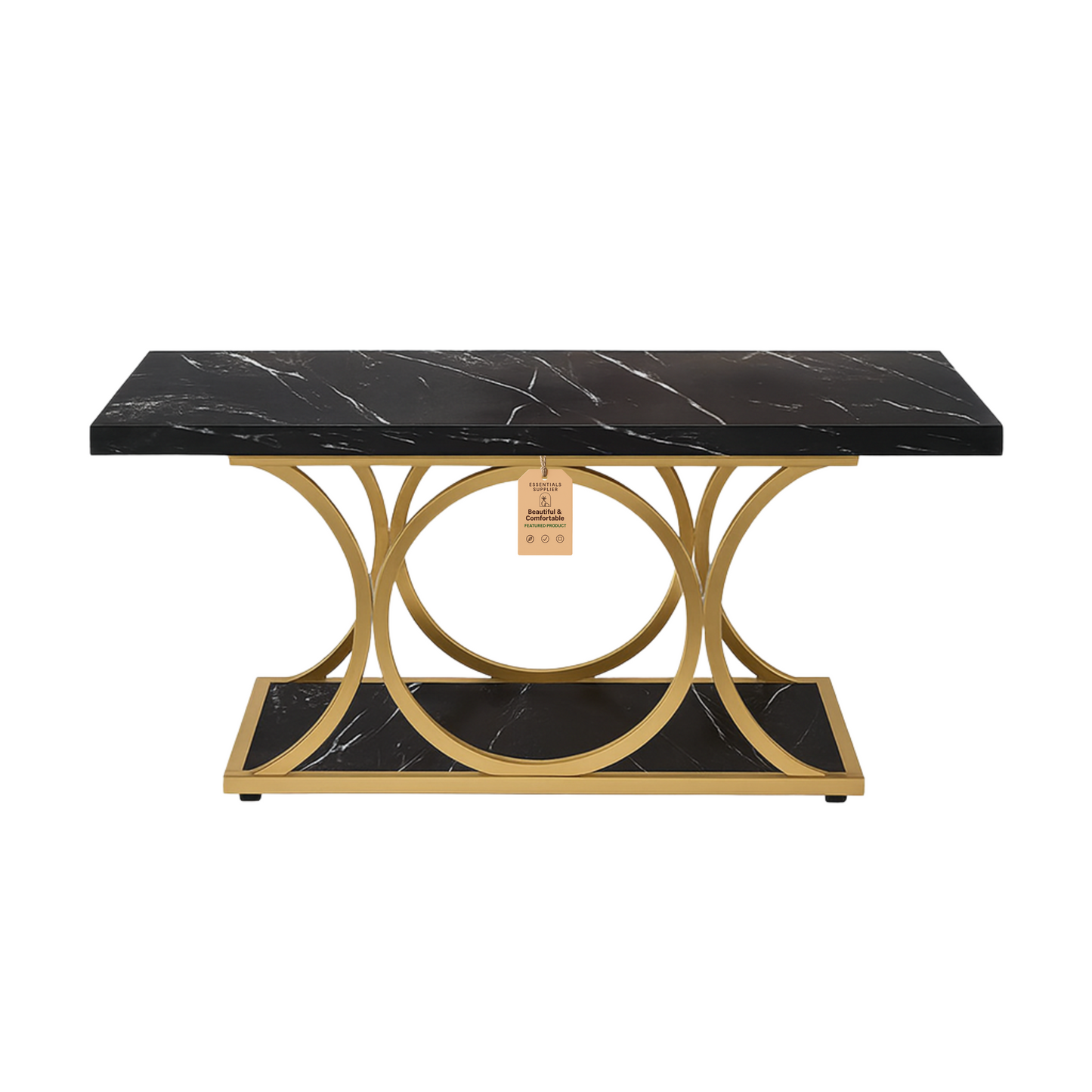 Rustic Black & Wood 2-Tier Coffee Table with Geometric Metal Base