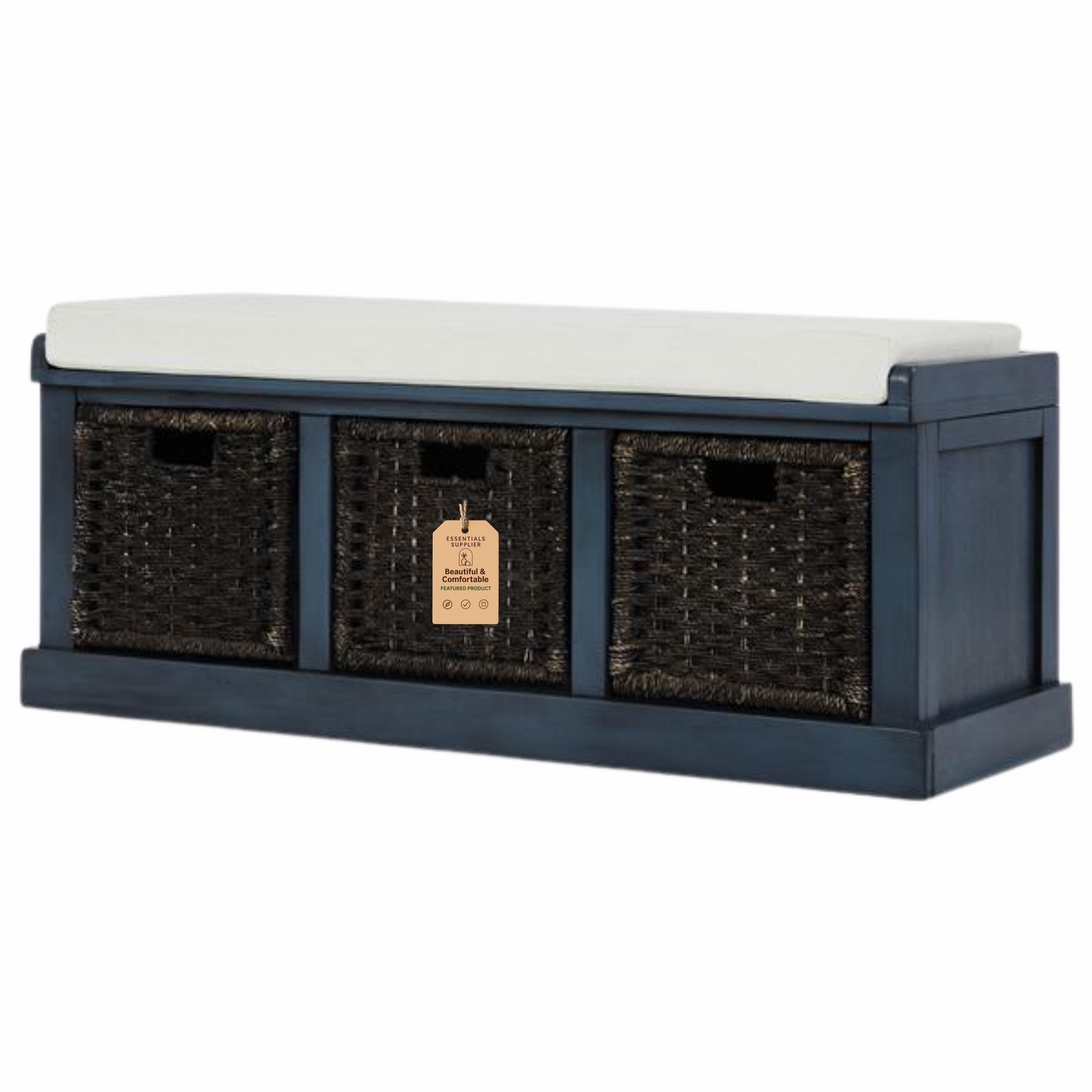 Rustic Entryway Storage Bench with 3 Rattan Baskets & Cushion, Antique Navy