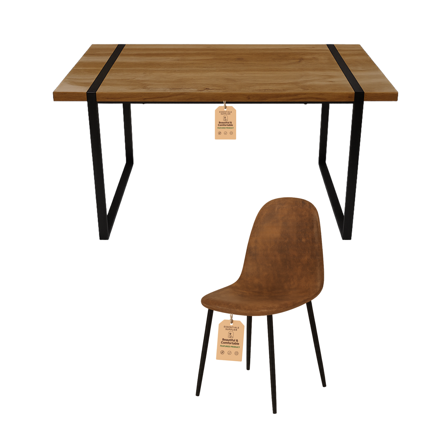 59" Wood Dining Table Set w/ 4 Suede Chairs | Industrial Metal Frame Design