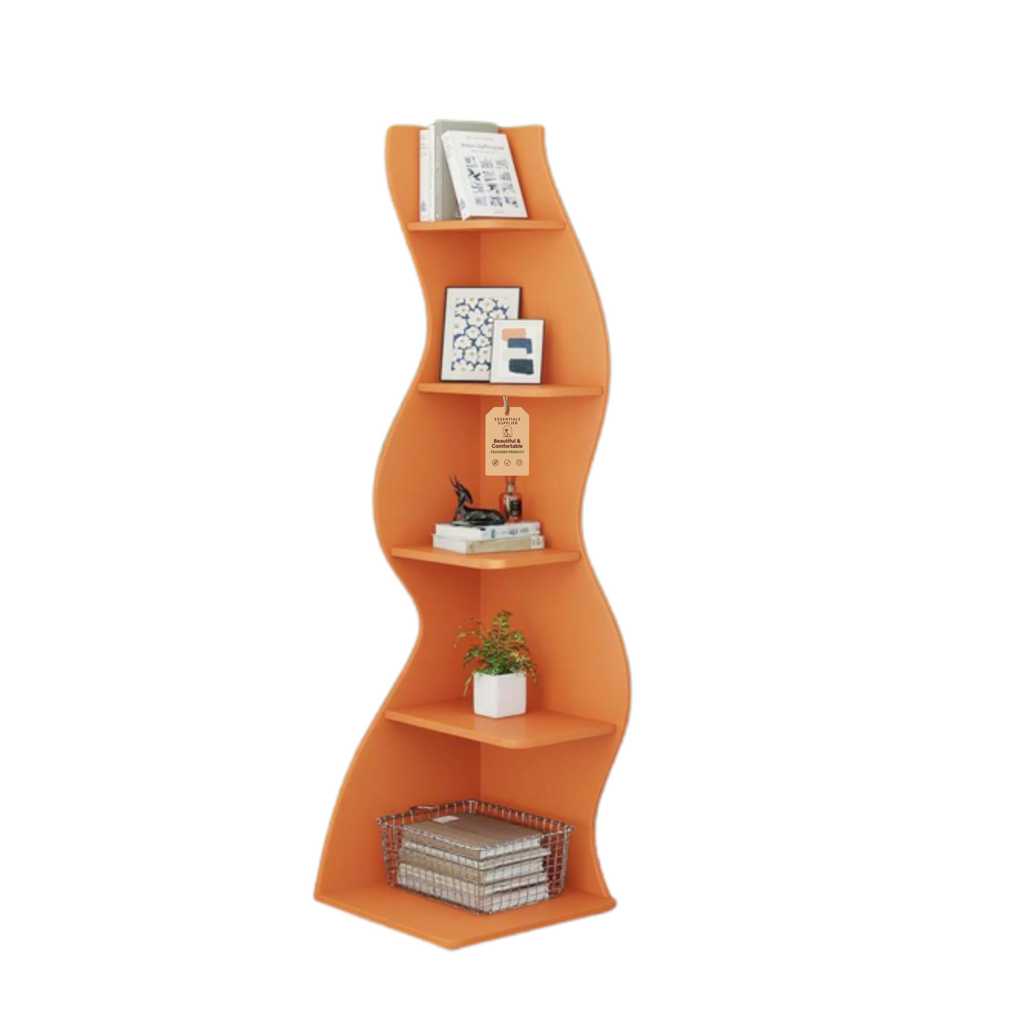 Bookcase Wavy 5-Tier Orange Corner Bookshelf – Modern Sculpted Storage Rack