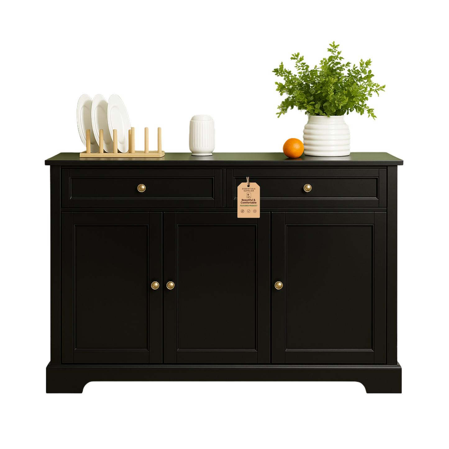 Black Kitchen Storage Cabinet – 3-Door Sideboard with Drawers & Shelves