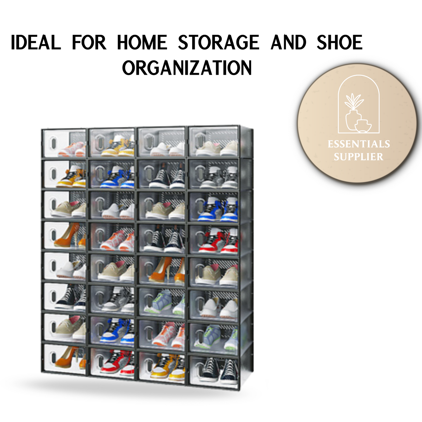 32PCS Black Plastic Mesh Shoe Boxes, Small Size, 33×23×14cm, Stackable