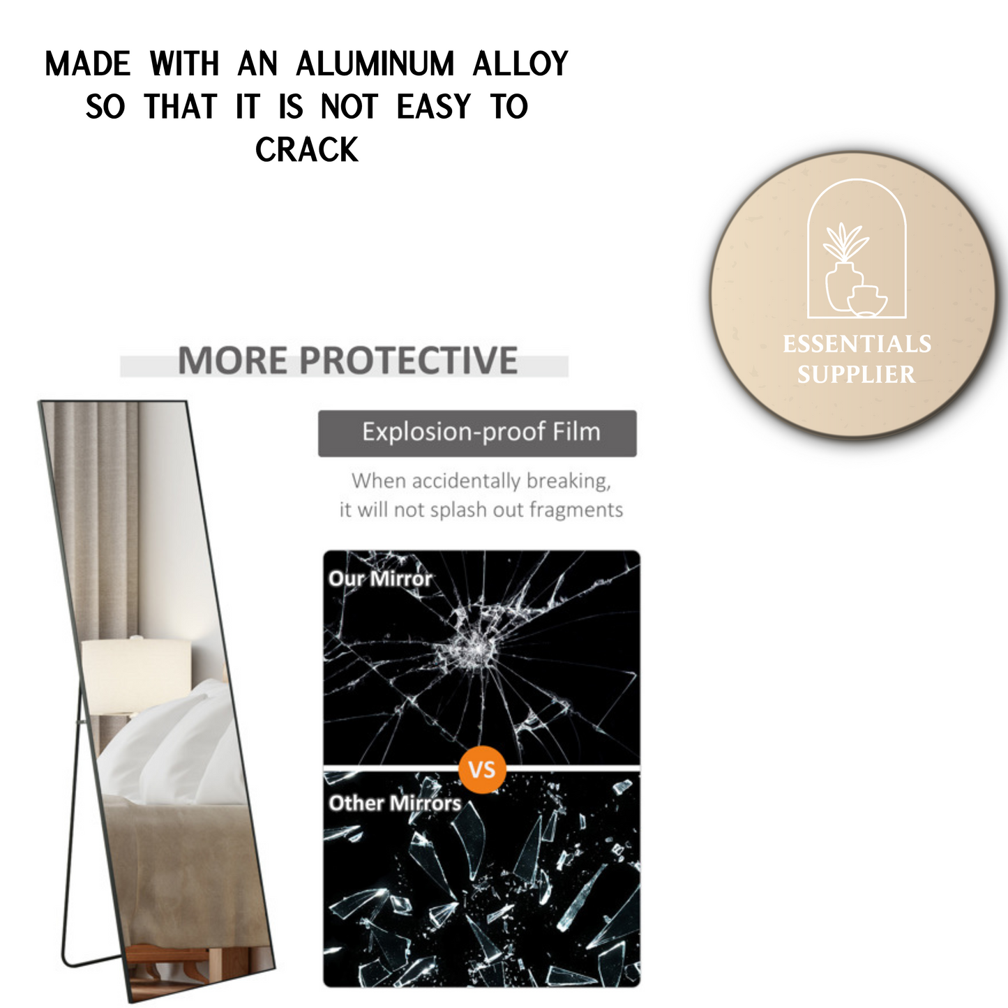 Modern Black Full-Length Dressing Mirror – Freestanding or Wall-Mount Design