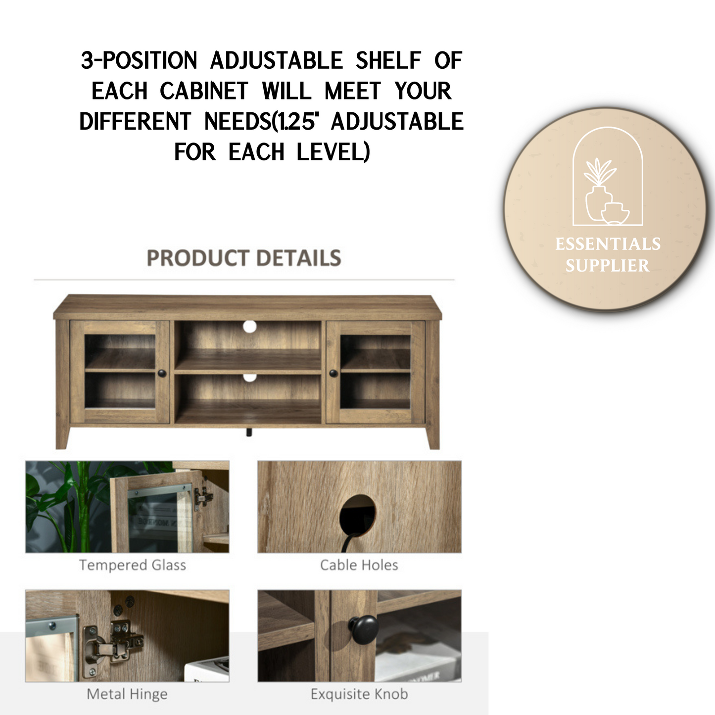 55" Brown LED TV Stand with Adjustable Shelves & Cable Management – Modern Cabinet