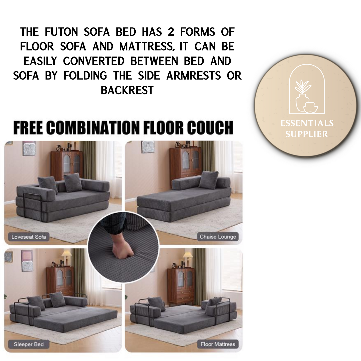 Convertible Corduroy Futon Sofa Bed – Foldable Floor Couch with Sponge Padding