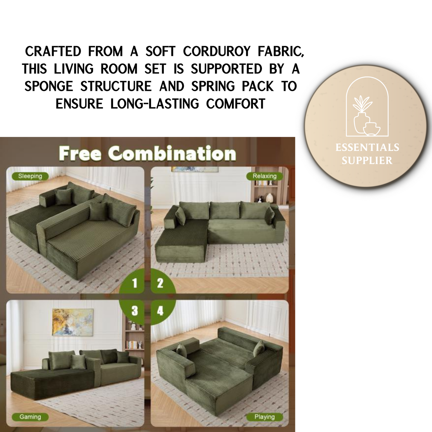 Modular L-Shaped Corduroy Sectional Sofa with Chaise – Green