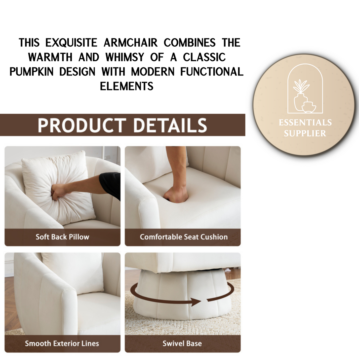 360° Swivel Velvet Accent Chair with Fluffy Cushion – Off White