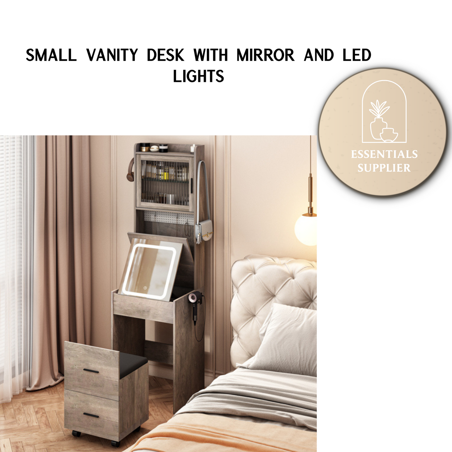 Compact Vanity Desk with Mirror, LED Lights, Charging Station & Stool, White