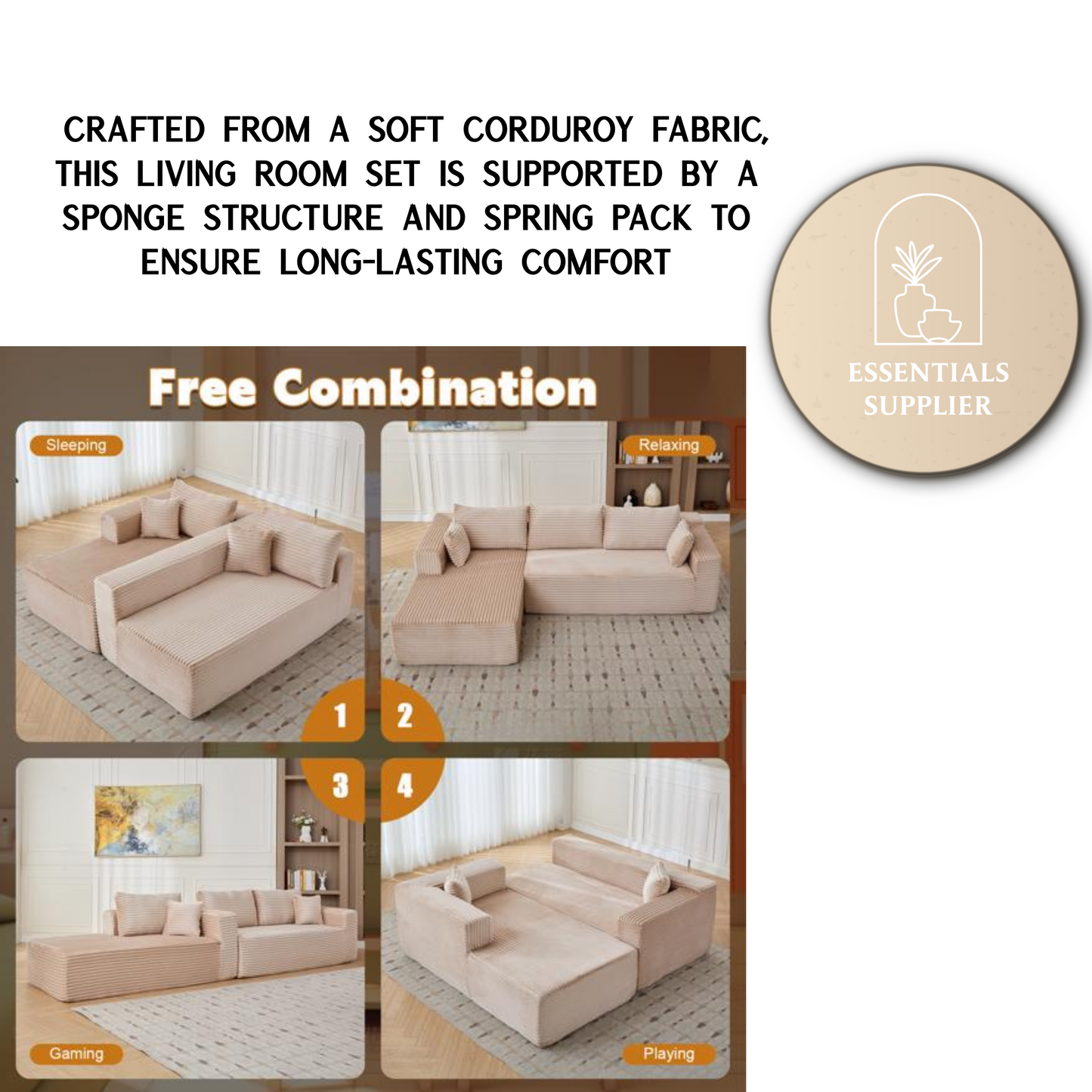 Modular L-Shaped Corduroy Sectional Sofa with Chaise – Beige