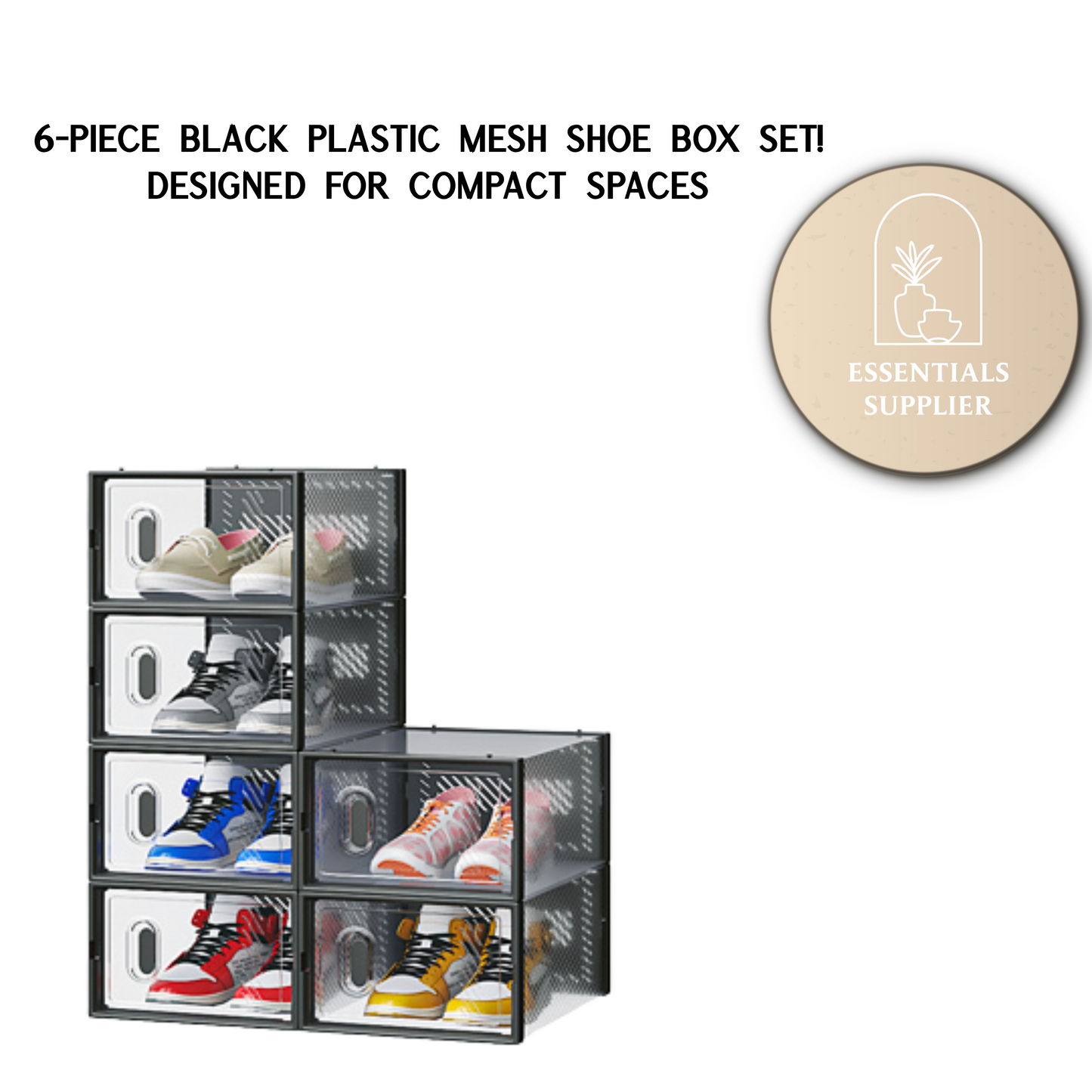 6-Pack Black Plastic Mesh Shoe Boxes – 33x23x14cm Modular Storage Set