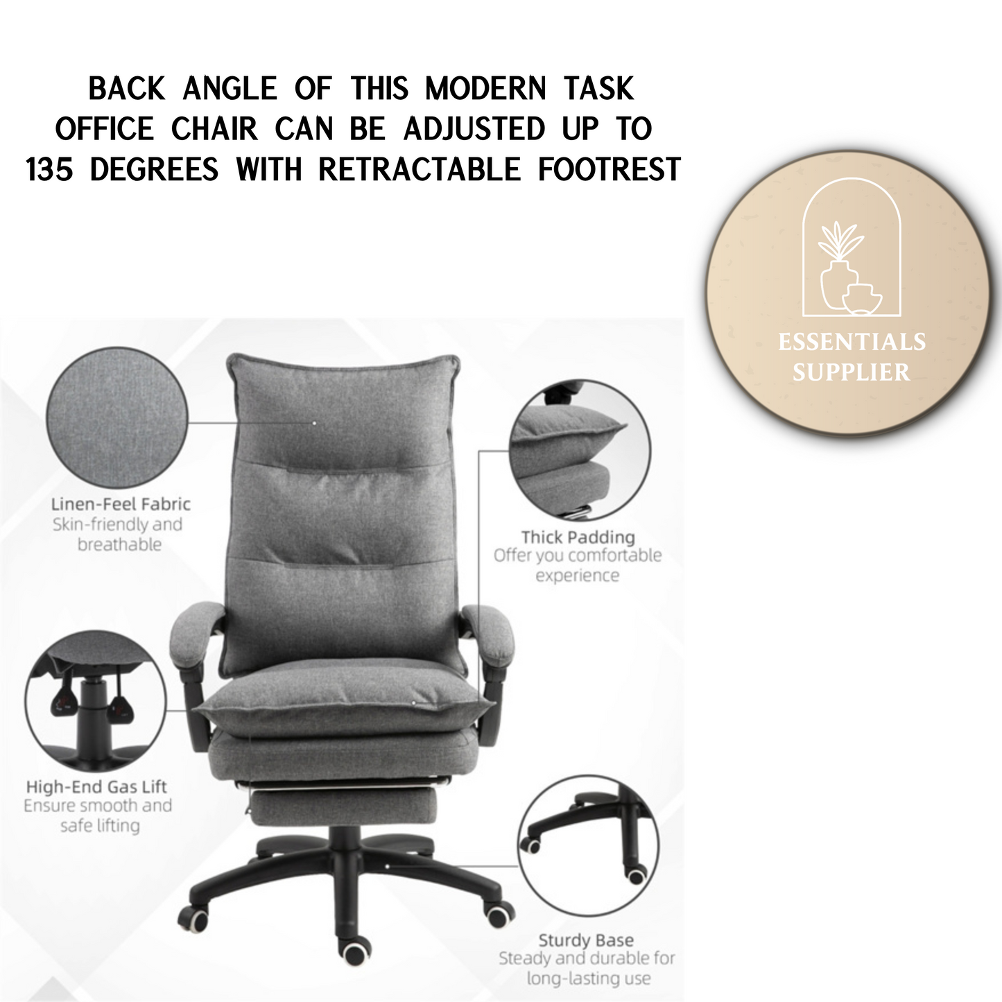 Grey High-Back Reclining Office Chair with Footrest & Linen-Style Upholstery