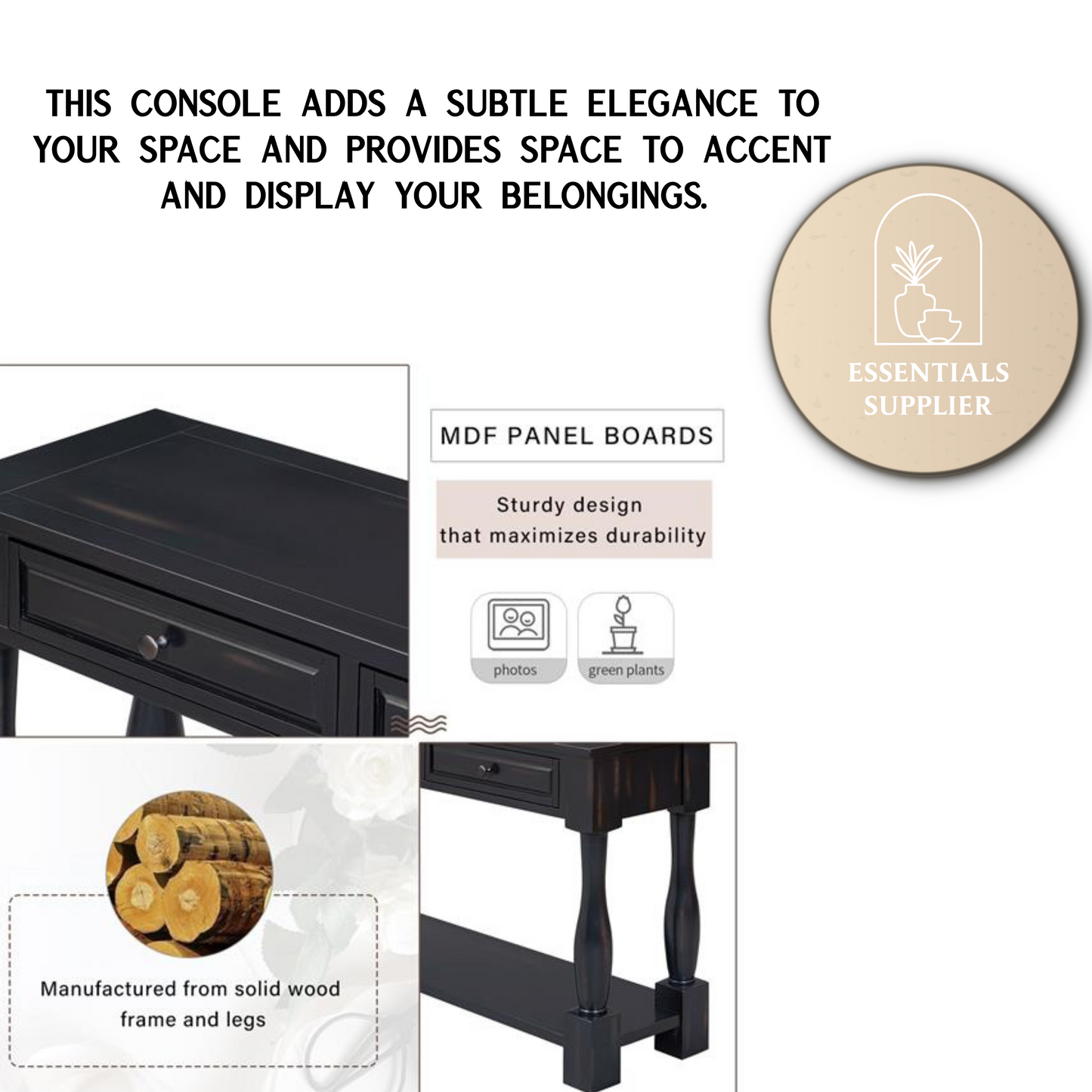 63" Black Console Table with Drawers & Shelf for Entryway, Hallway, Living Room