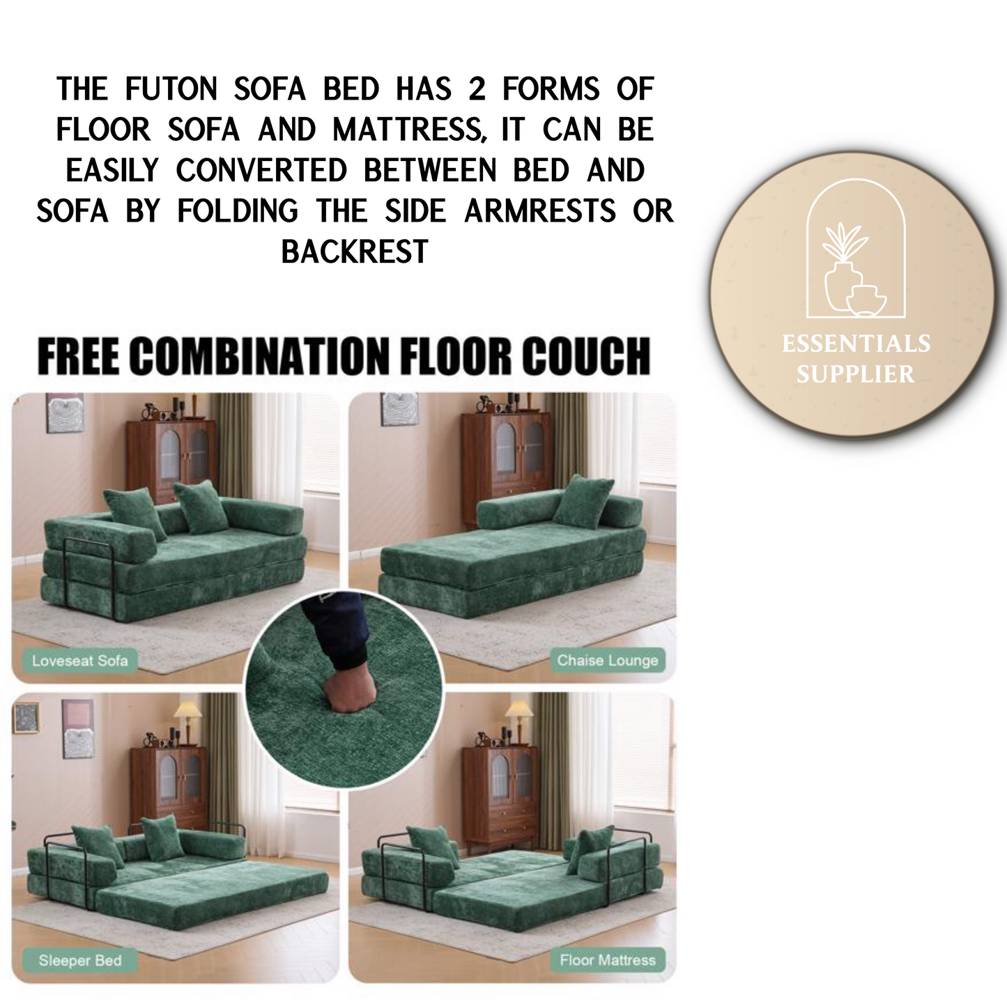 Convertible Corduroy Futon Sofa Bed – Foldable Floor Couch with Sponge Padding