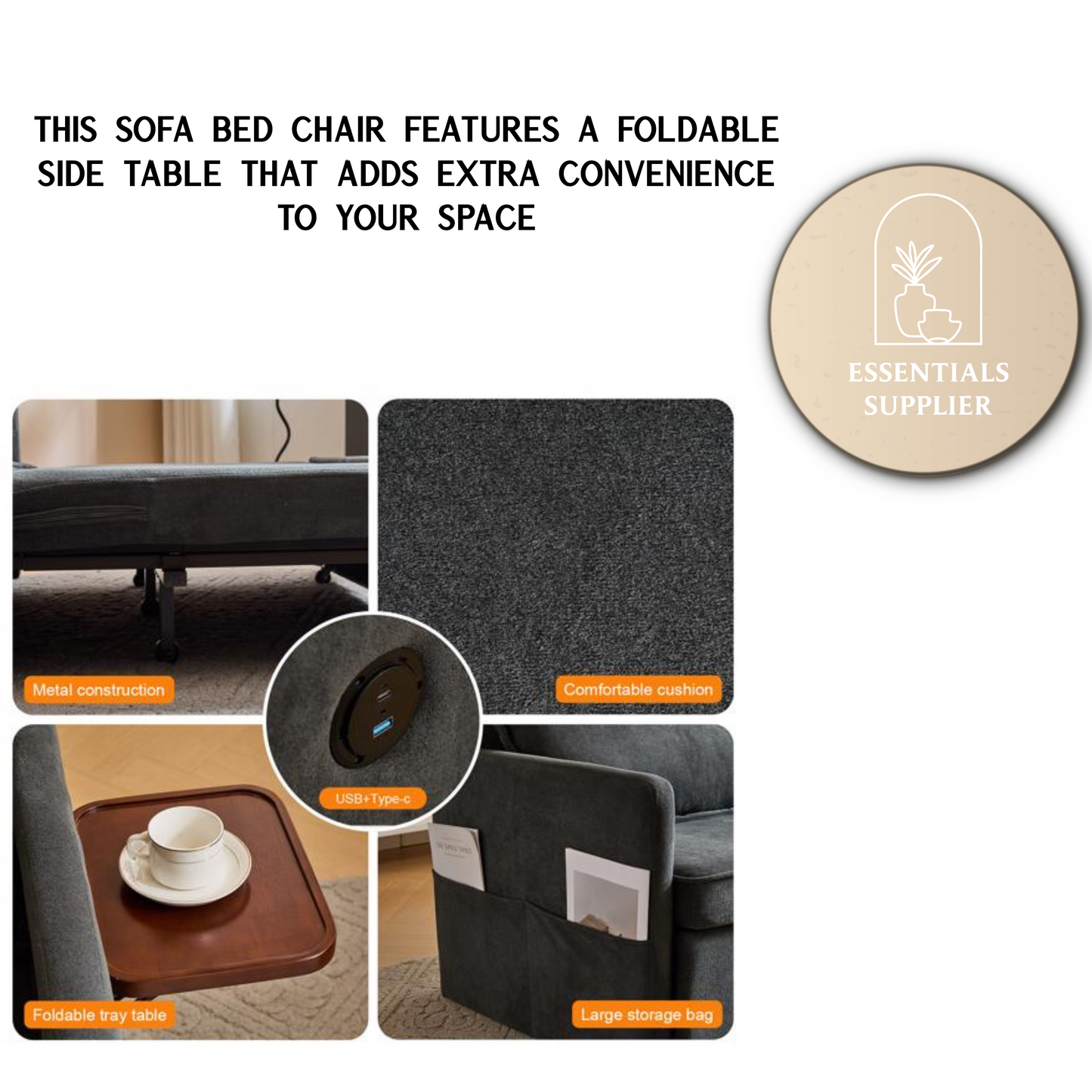 3-in-1 Sleeper Chair Bed with Tray & USB, Convertible Sofa in Dark Grey