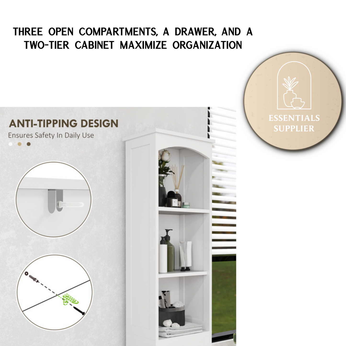Bathroom Cabinet with 3 Open Storage Compartments, White