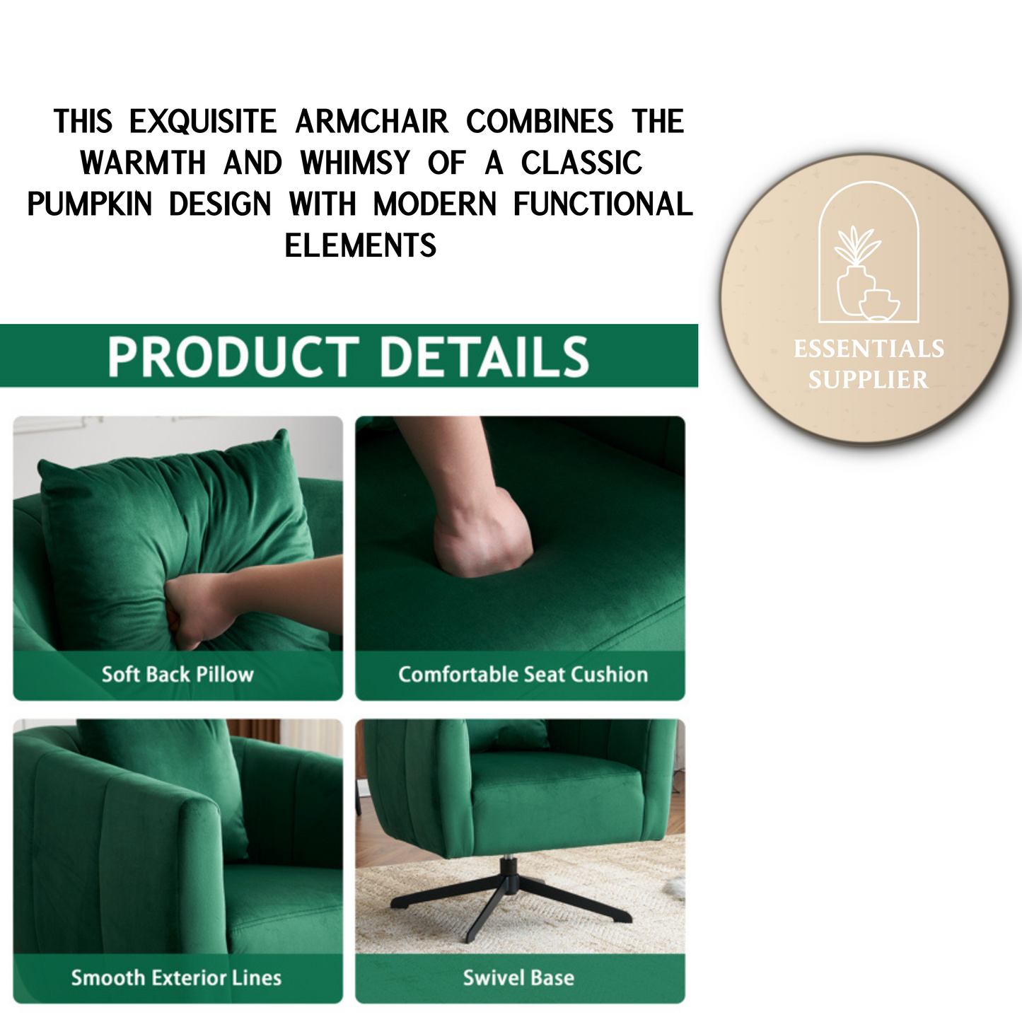 360° Swivel Velvet Accent Chair with Fluffy Cushion – Green