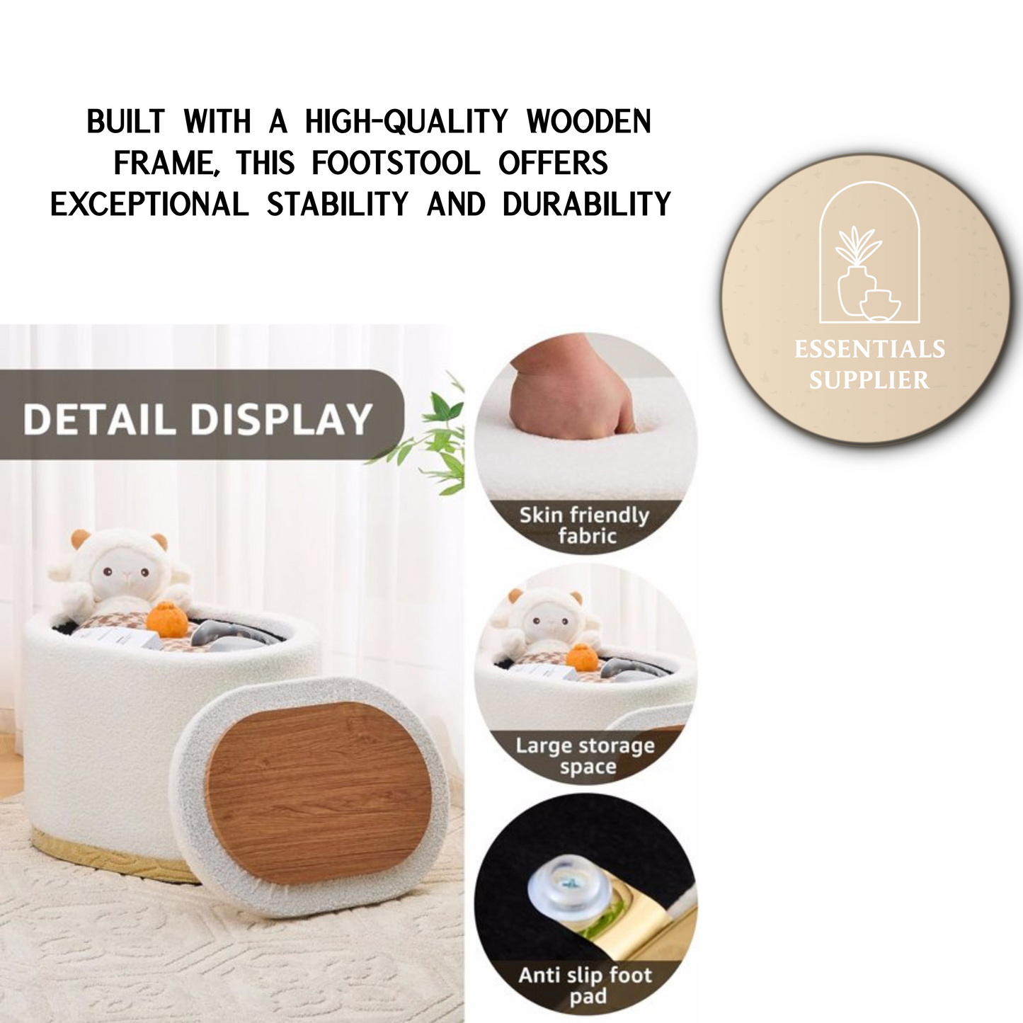 Round Storage Ottoman with Flip-Top Lid – White Upholstered Stool