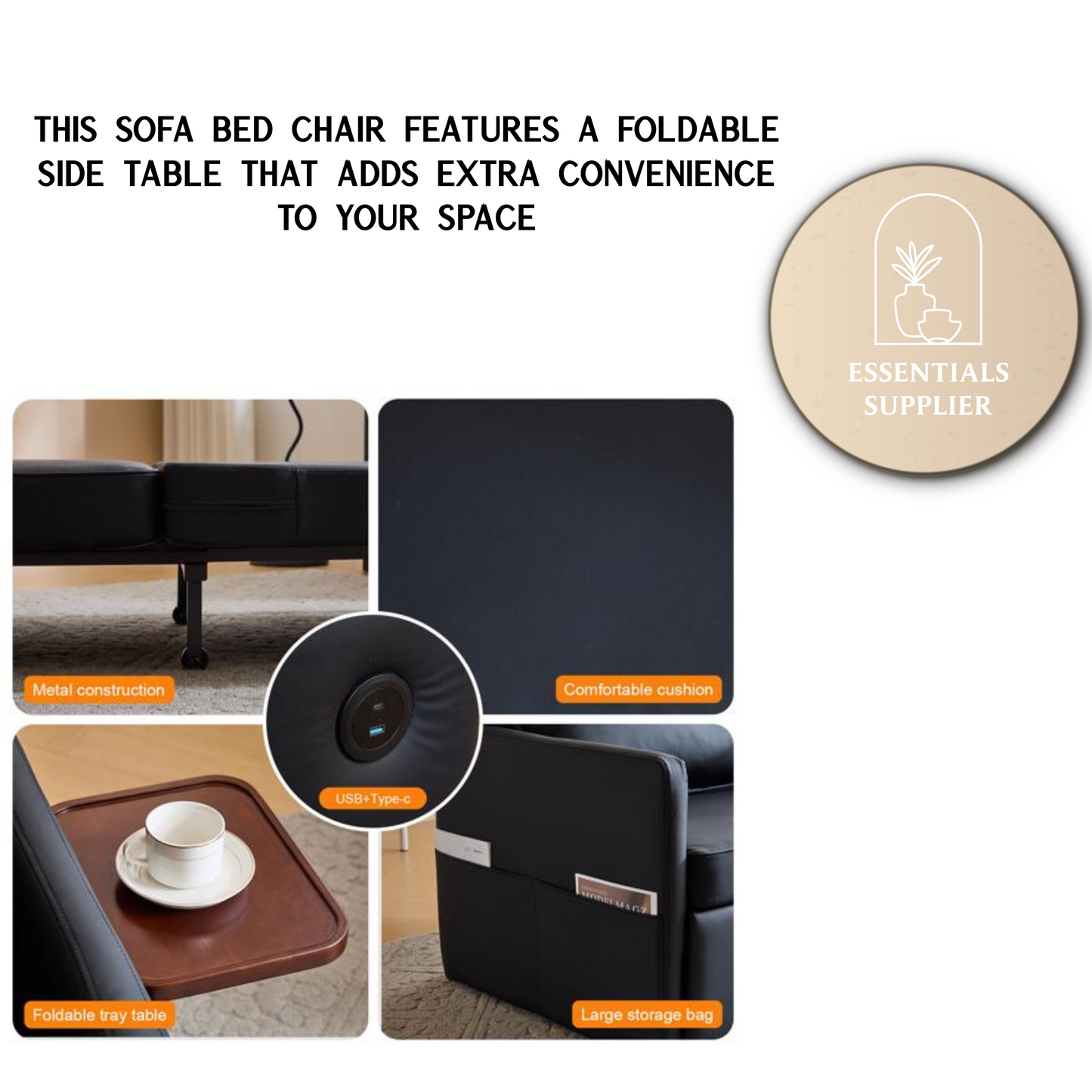 3-in-1 Sleeper Chair Bed with USB Tray, Black Leather Convertible Sofa